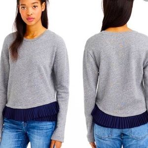 J Crew Heathered Grey Sweatshirt with Navy Pleated Silky Trim, Small